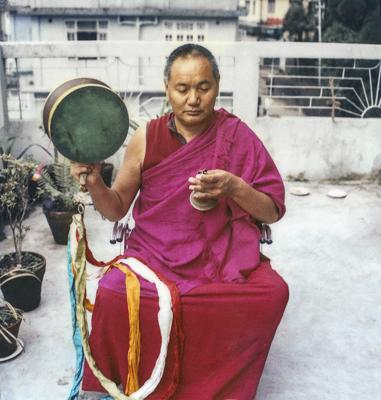 Lama Yeshe practicing chöd on the roof of his Tara Hotel, Darjeeling, 1982. From Big Love: The Life and Teachings of Lama Yeshe