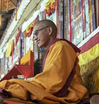 Lama Zopa Rinpoche teaching at the 12th Meditation Course at Kopan Monastery, Nepal, 1979. Photo: Ina Van Delden.