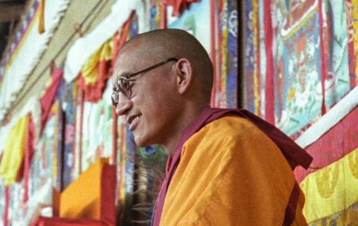 Lama Zopa Rinpoche teaching at the 12th Meditation Course at Kopan Monastery, Nepal, 1979. Photo: Ina Van Delden.
