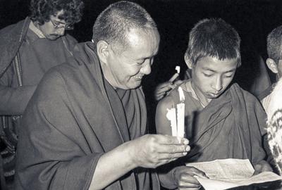 Lama Yeshe with a Mount Everest Centre novice monk, Kopan Monastery, Nepal, Christmas 1978. Photo: Robin Bath.