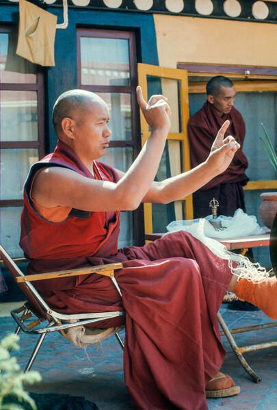 Lama Yeshe with Lama Zopa Rinpoche teaching ritual dance at Kopan Monastery, Kathmandu, Nepal, 1978.