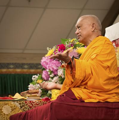 Lama Zopa Rinpoche teaching at the Light of the Path retreat, North Carolina, USA, 2014. Photo: Roy Harvey.