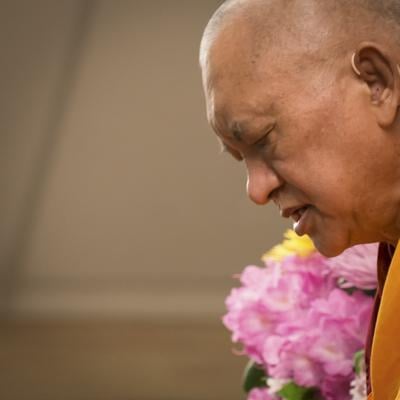 Lama Zopa Rinpoche teaching at the Light of the Path retreat, North Carolina, USA, May 2014. Photo: Roy Harvey.