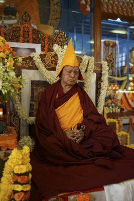 Lama Zopa Rinpoche at Sera Je Monastery, India, December 2013.