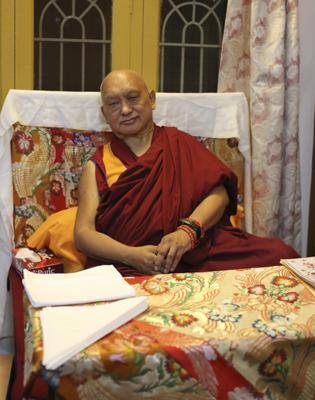 Lama Zopa Rinpoche at Sera Je Monastery, India, 2013. Photo by Bill Kane.