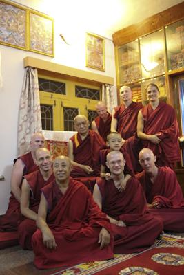 Lama Zopa Rinpoche with Sangha at IMI House, Sera Je Monastery, India, in December 2013. Photo: Ven. Thubten Kunsang (Henri Lopez).