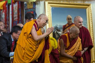 His Holiness the Dalai Lama, with Lama Zopa Rinpoche and Ven. Roger, greeting the crowd at Kurukulla Center, Massachusetts, USA, 2012. Photo: Cherrie Corey.