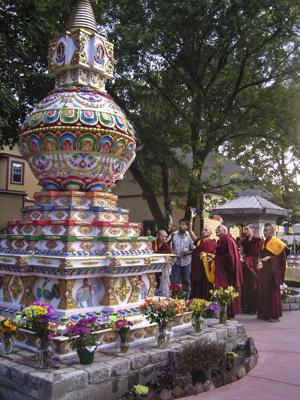 Lama Zopa Rinpoche with Geshe Tsulga blessing the Kalachakra stupa at Kurukulla Center, Massachusetts, 2010.