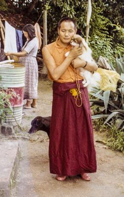 Lama Yeshe and his dog Dolma, Kopan Monastery, Nepal, 1972. Photo: Jan Willis.