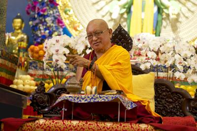 Lama Zopa Rinpoche at Amitabha Buddhist Centre, Singapore, 2016. Photo: Bill Kane.