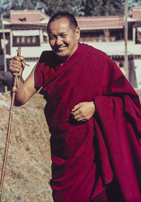 Lama Yeshe with his ski pole, Ninth Meditation Course, Kopan Monastery, Nepal, 1976.