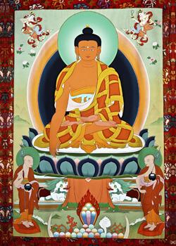 Painting of Buddha Shakyamuni with Shariputra and Maudgalyayana at the bottom.