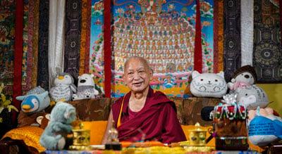 Lama Zopa Rinpoche teaching from his room at Kopan Monastery, Nepal, April 2020. Photo: Lobsang Sherab.