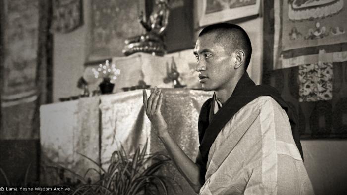 Lama Zopa Rinpoche teaching during the course given at Royal Holloway College during the lamas first trip to England, 1975. Photo by Dennis Heslop.