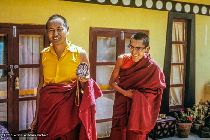 Lama Yeshe and Lama Zopa Rinpoche making Chenrezig tsa tsas on the rooftop at Kopan Monastery, 1973.