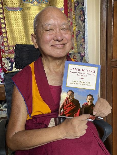 Lama Zopa Rinpoche with Lamrim Year, 2021. Photo: Roger Kunsang.