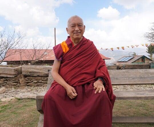 Rinpoche in front of Thubten Shedrup Ling Monastery, Solu Khumbu, Nepal, 2017. Photo: Lobsang Sherab.
