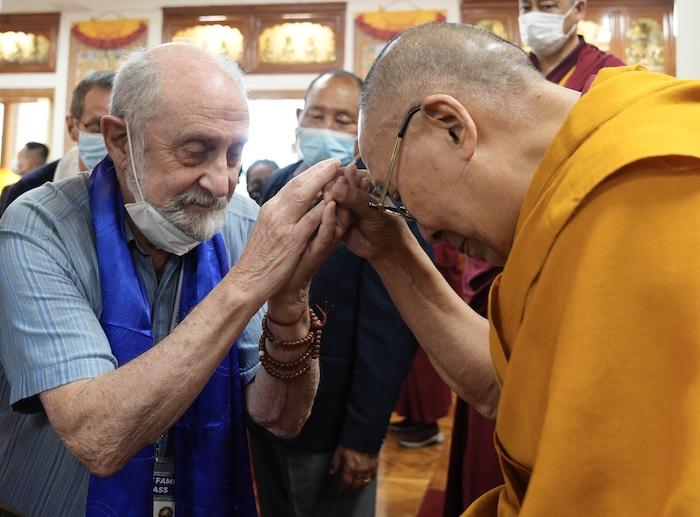 Nick Ribush with His Holiness the Dalai Lama at the audience for FPMT students, Dharamsala, India, May 25, 2023.