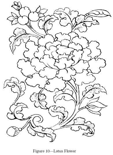 B&W line drawing labeled Figure 10 Lotus Flower, from The Wish-fulfilling Golden Sun.