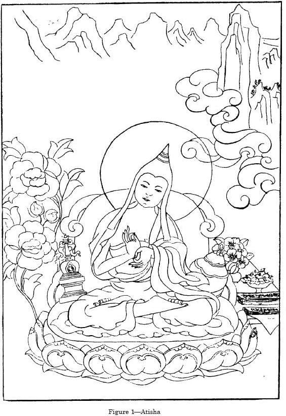 B&W line drawing labeled Figure 1 Atisha, from The Wish-fulfilling Golden Sun.