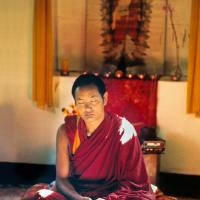 Lama Yeshe with his dog Dolma, 1971