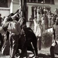 Raising the prayer flag pole at Kopan, 1972