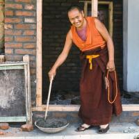 Lama mixing cement, Kopan, 1974