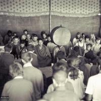 Lamas and sangha doing puja, Kopan, 1974