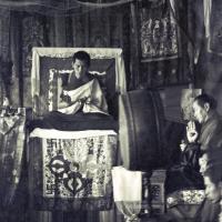 Lamas and sangha doing puja, Kopan, 1974
