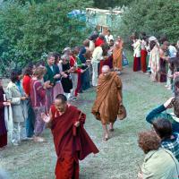 Lama entering the gompa with Somdet, 1975