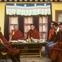 Geshe Legden visits Kopan, construction of Sera Je roof.