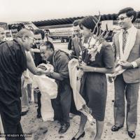 Lama greets His Holiness in Spain, 1982, Puntsog Wangyal, right