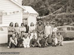 Lamas with students in New Zealand, 1974