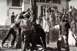 Raising the prayer flag pole at Kopan, 1972