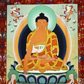 Painting of Buddha Shakyamuni with Shariputra and Maudgalyayana at the bottom.